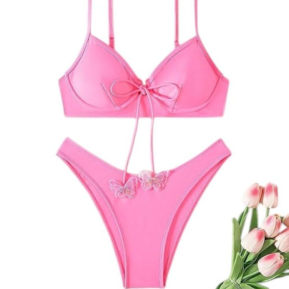 New Solid Pink Butterfly Bikini Set - image 1